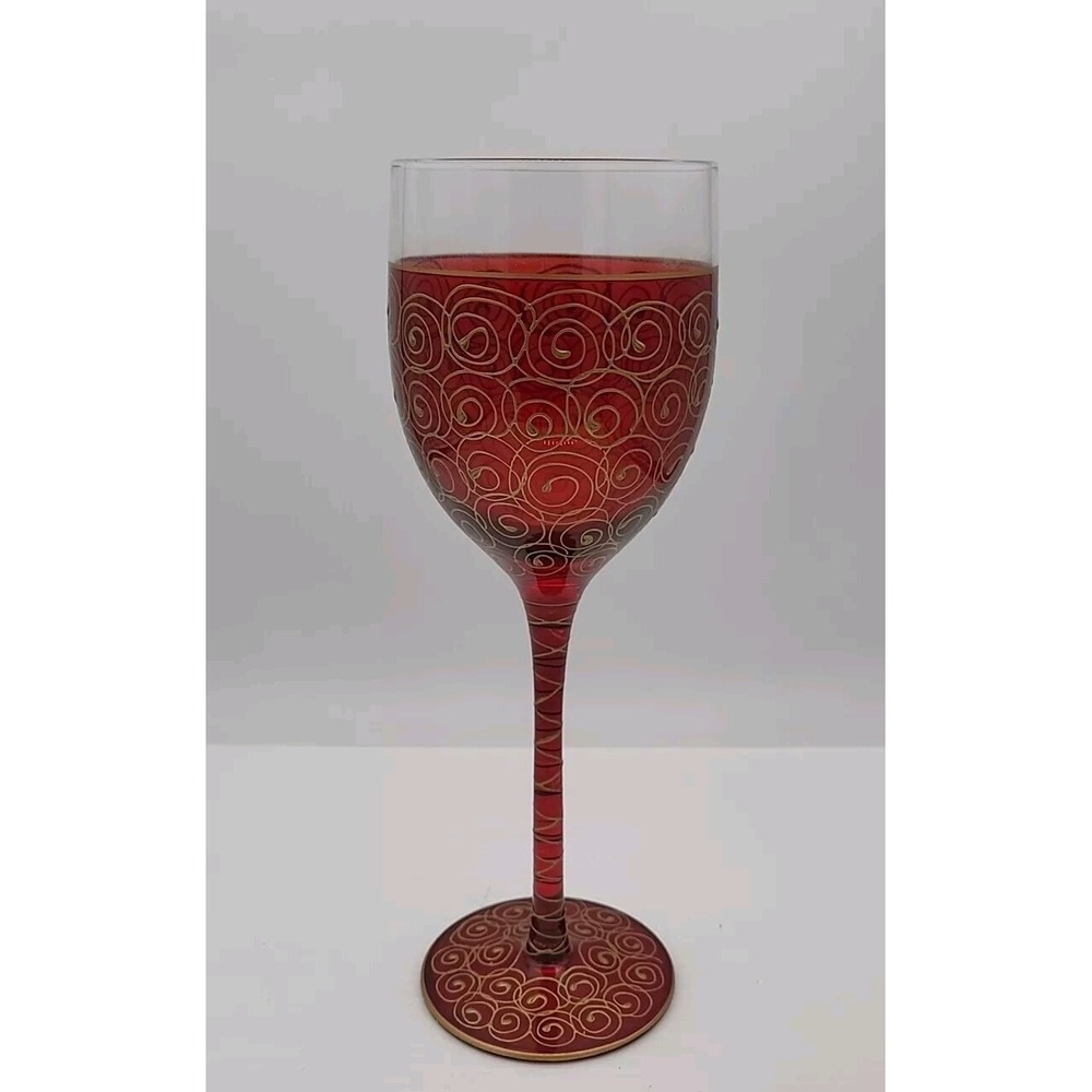 EUROGLASS Romania Tall Mouth Blown Gold wine Red‎ Gilt Squiggles